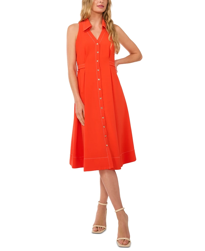 CeCe Women's Sleeveless Cinched-Waist V-Neck Midi Dress