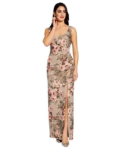 Adrianna Papell Women's Metallic Floral-Print Column Gown