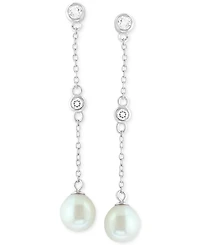 Effy Freshwater Pearl (7mm) & White Topaz (1/5 ct. t.w.) Linear Drop Earrings in Sterling Silver
