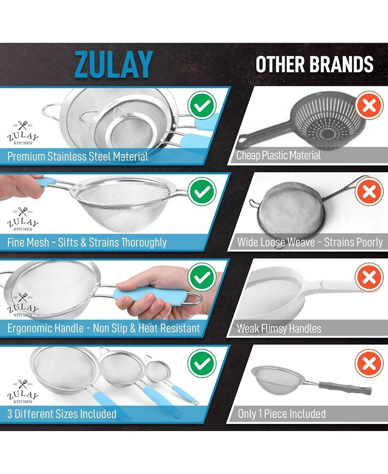 Premium Stainless Steel Fine Mesh Strainer Set - Strainers for Kitchen (Set of 3) with Non-slip Handles
