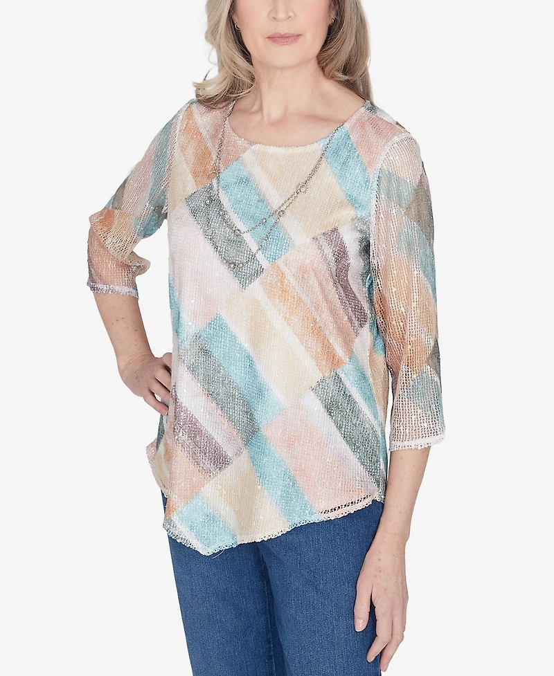 Alfred Dunner Scottsdale Women's Stained Glass Popcorn Top With Necklace