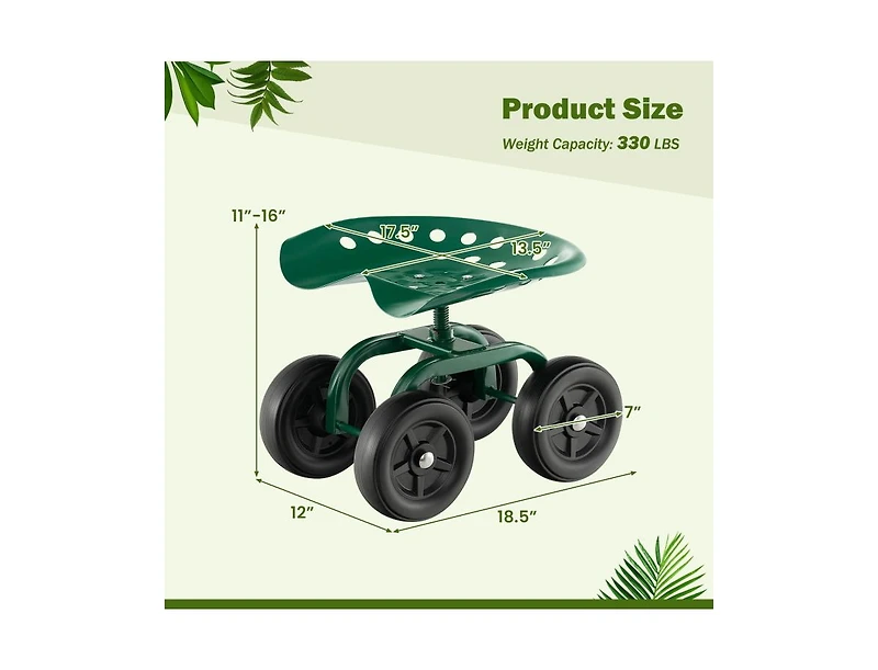 Garden Rolling Workseat with Swivel Seat and Adjustable Height Comfortable Mobile Tool for Outdoor Tasks