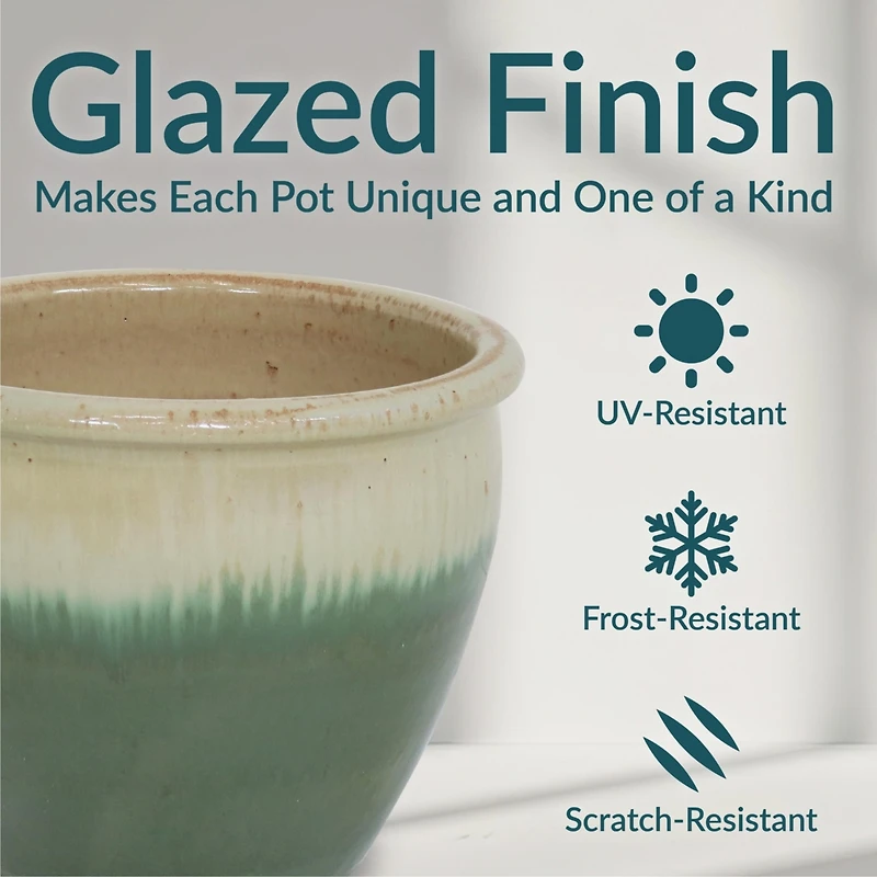 Chalet Outdoor/Indoor High-Fired Glazed Uv- and Frost-Resistant Ceramic Planters with Drainage Holes - 2-Pack
