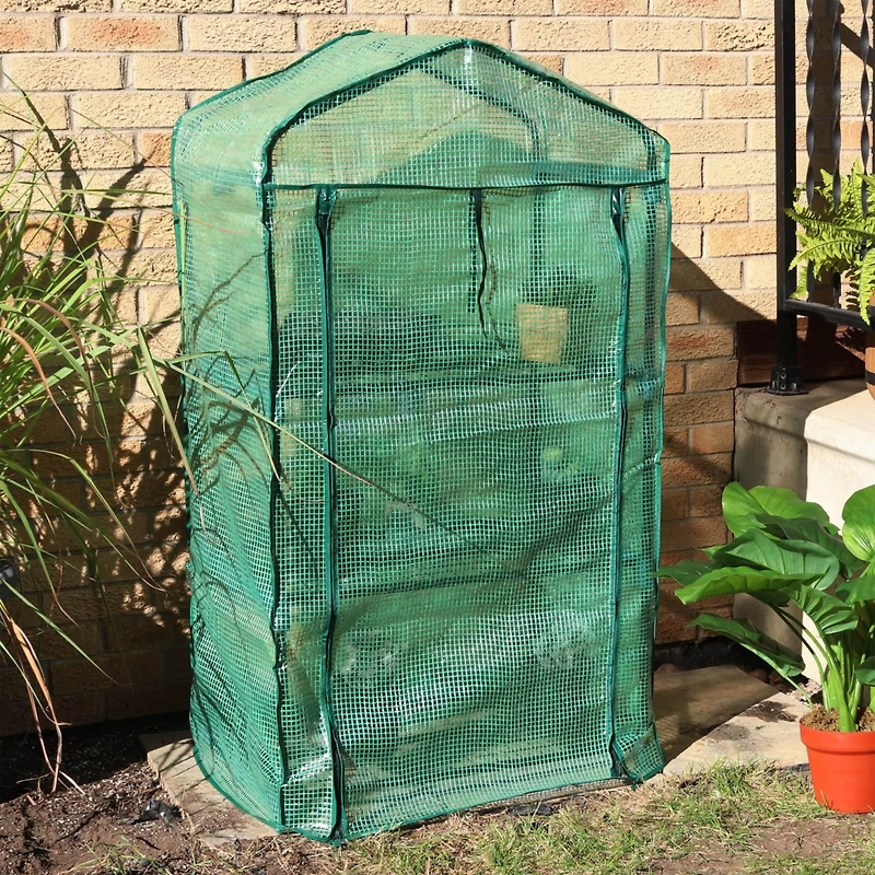 Outdoor Portable 3-Tier Mini Greenhouse with Roll-up Zippered Door and Steel Wire Shelves - Green