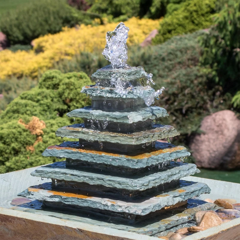 40"H Electric Natural Slate Layered Pyramid Tiered Outdoor Water Fountain with Led Light