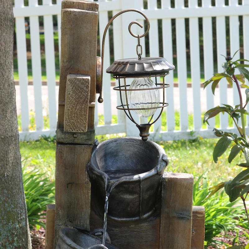 Sunnydaze Decor 34-Inch Rustic Pouring Buckets Outdoor Water Fountain with Solar Light