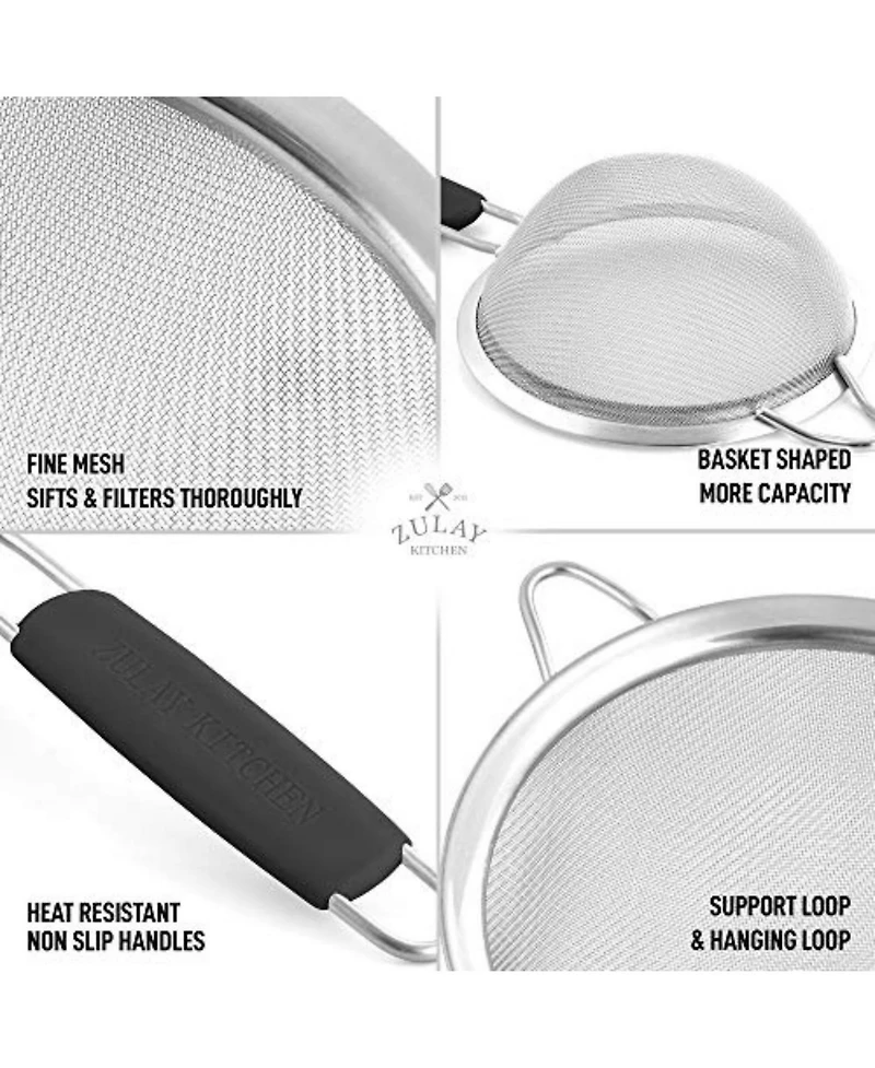 Premium Stainless Steel Fine Mesh Strainer Set - Strainers for Kitchen (Set of 3) with Non-slip Handles