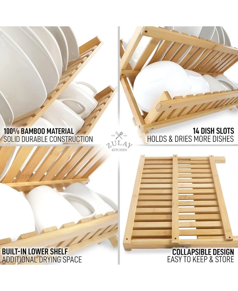 2-Tier Bamboo Collapsible Dish Drying Rack with Flatware Holder