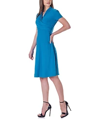 24seven Comfort Apparel Short Sleeve Knee Length V Neck Rouched Wrap Dress