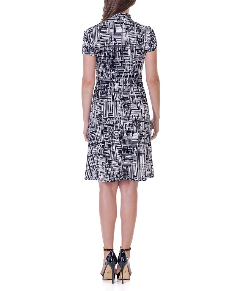 24seven Comfort Apparel Print Short Sleeve Knee Length V Neck Rouched Wrap Dress