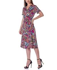24seven Comfort Apparel Print Short Sleeve Tie Waist Midi Dress