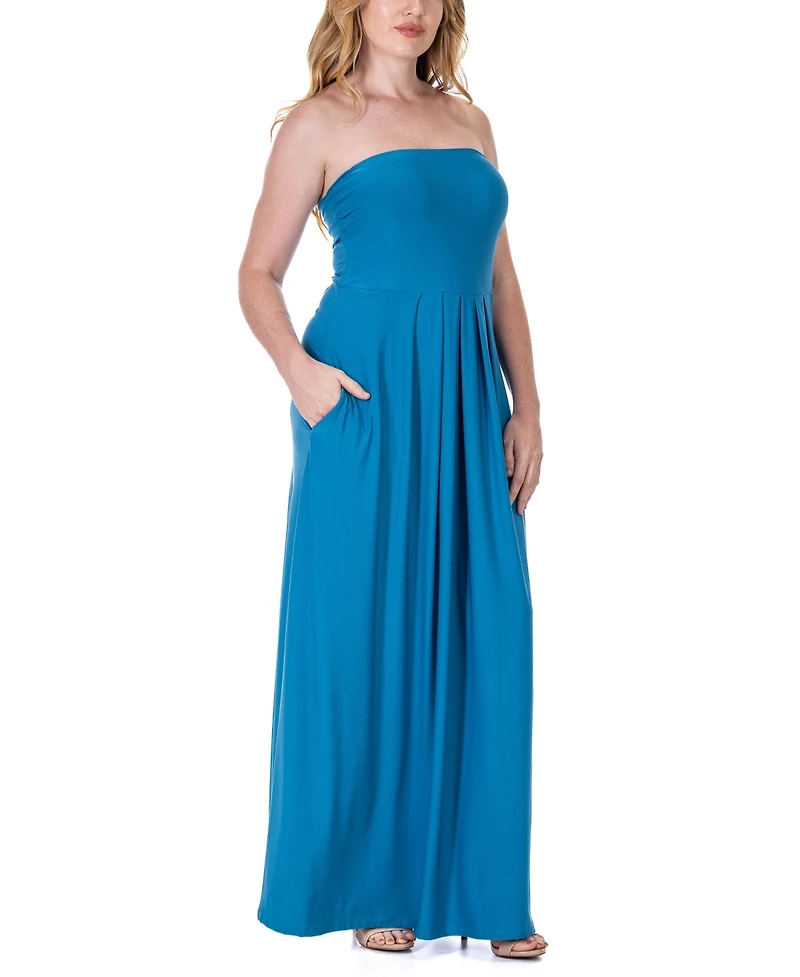 24seven Comfort Apparel Pleated A Line Strapless Maxi Pocket Dress