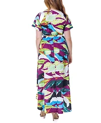 24seven Comfort Apparel Print V Neck Belted High Low Faux Wrap Dress
