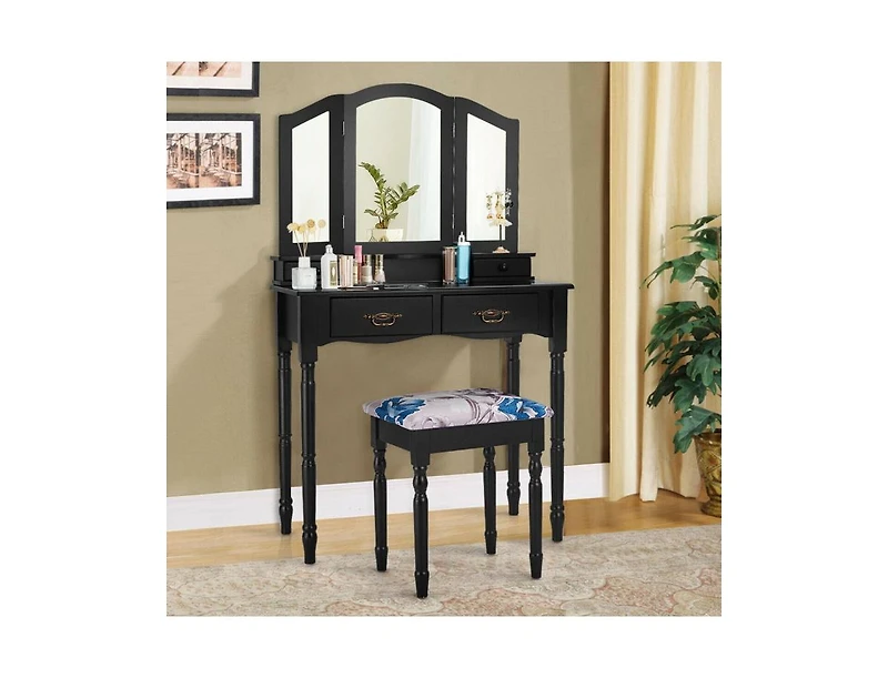 Slickblue Simple Vanity Set with Tri-Folding Mirror Drawers and Storage Shelf
