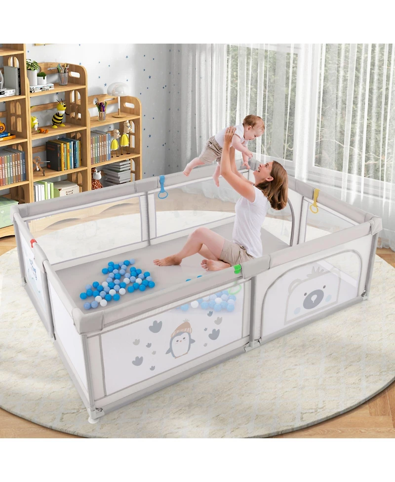 Slickblue Toddler Large Baby Playpen with Pull Rings Ocean Balls and Cute Pattern-Penguin