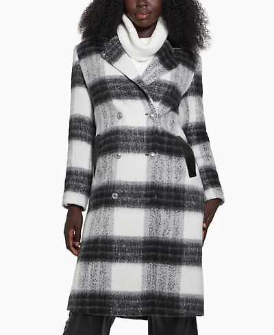 Guess Women's Double-Breasted Mid-Length Plaid Coat