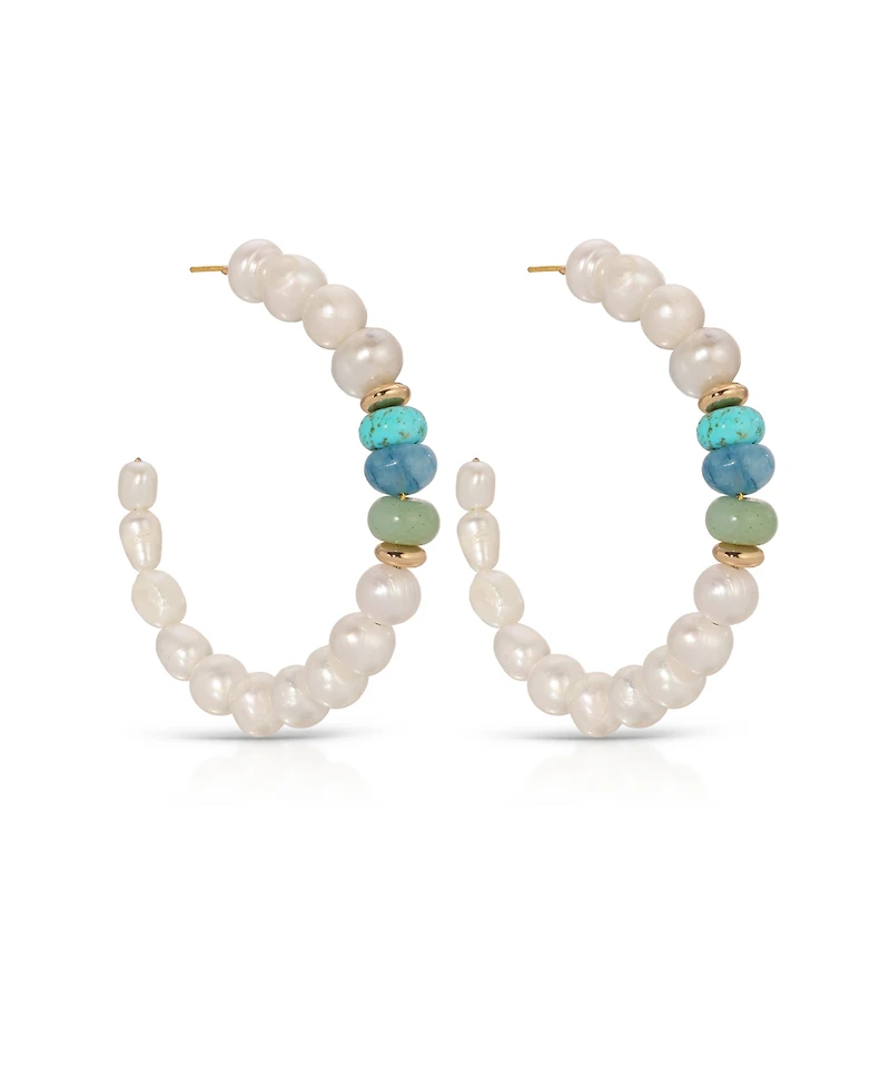 Ettika Freshwater Pearl Beaded Mixed Gemstone Hoop Earrings
