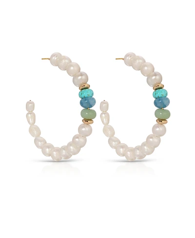 Ettika Freshwater Pearl Beaded Mixed Gemstone Hoop Earrings