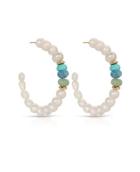 Ettika Freshwater Pearl Beaded Mixed Gemstone Hoop Earrings