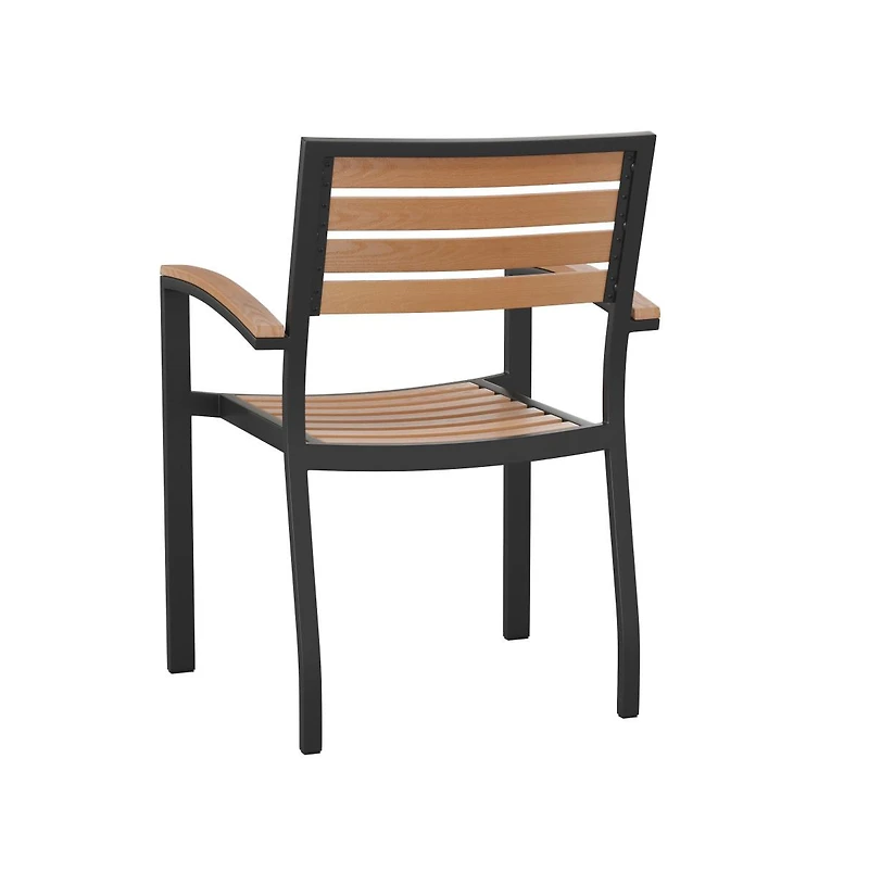 Set Of Two Aluminum Stacking Chairs With Faux Teak Slatted Back And Seat And Faux Teak Accented Arms