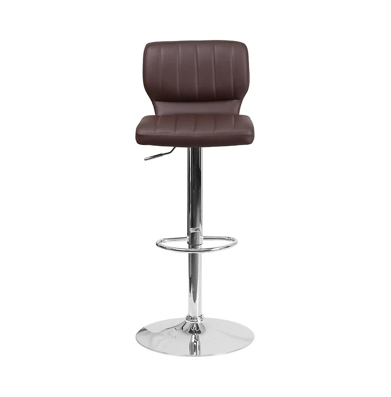Set Of Two Swivel Bar Stools With Vertical Stitched Back And Adjustable Chrome Base Footrest