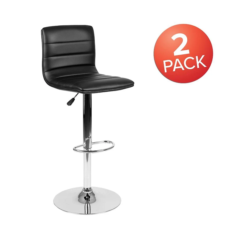 Modern Vinyl Adjustable Height Barstool With Horizontal Stitch Back, Set Of 2