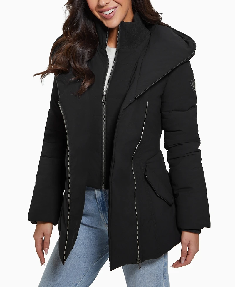 Guess Women's Bibbed Shawl-Collar Hooded Puffer Coat
