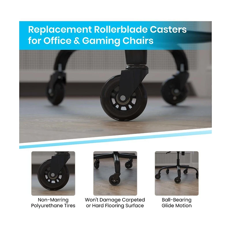 Emma+Oliver Set Of 5 Polyurethane Rollerblade Wheel Replacement Casters With Steel Frame For Home Office Chairs