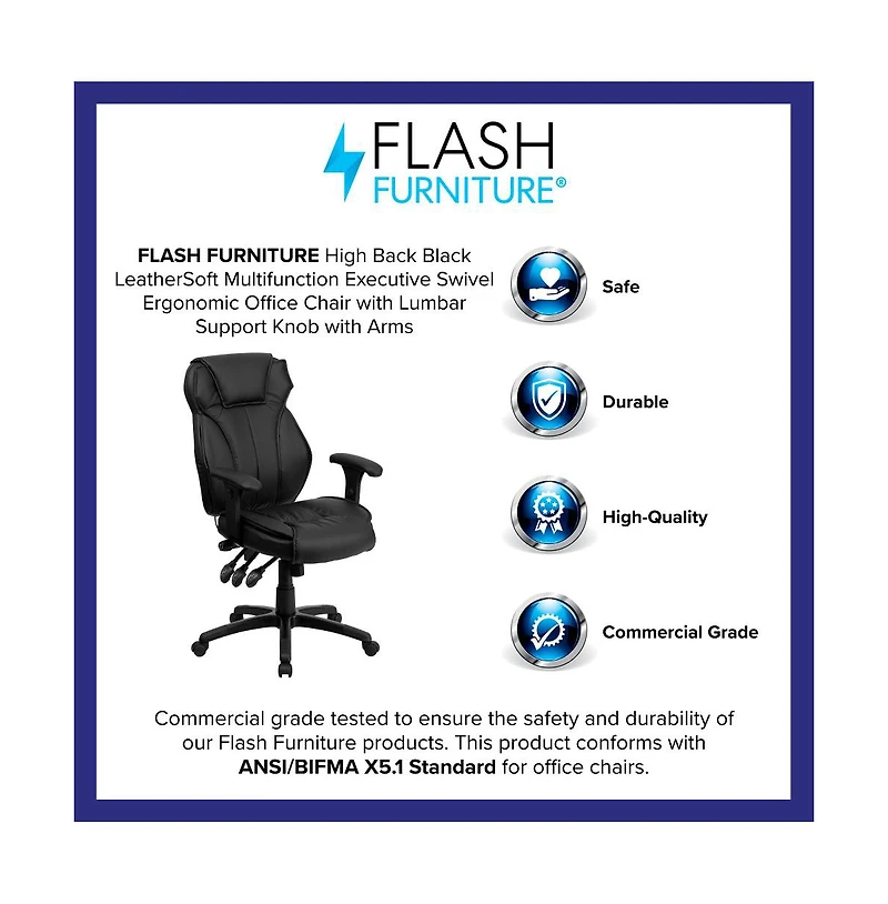 Emma+Oliver High Back Leather Multifunction Executive Swivel Ergonomic Office Chair With Lumbar Support Knob With Arms