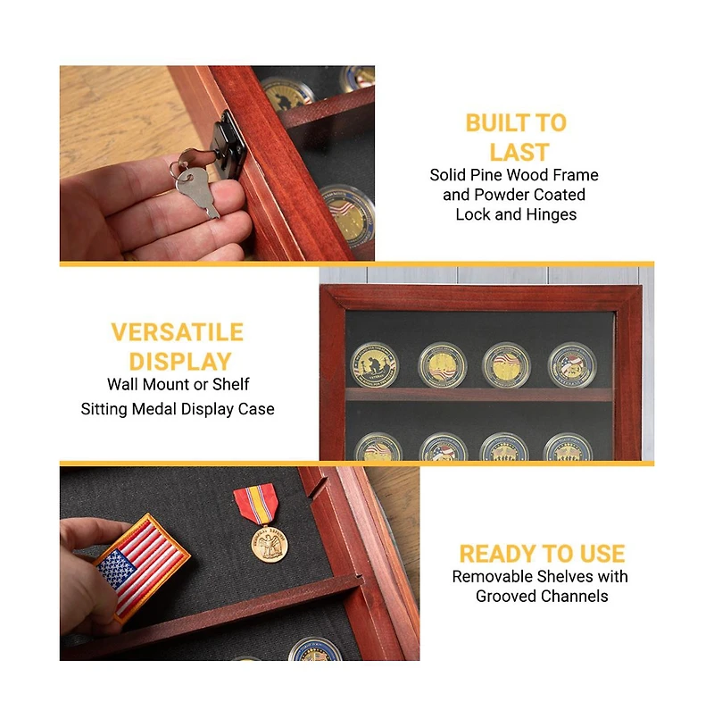 Medals Display Case - Solid Wood With Acrylic Window - Anti-Theft Lock With 2 Keys - For Mementos And Keepsakes