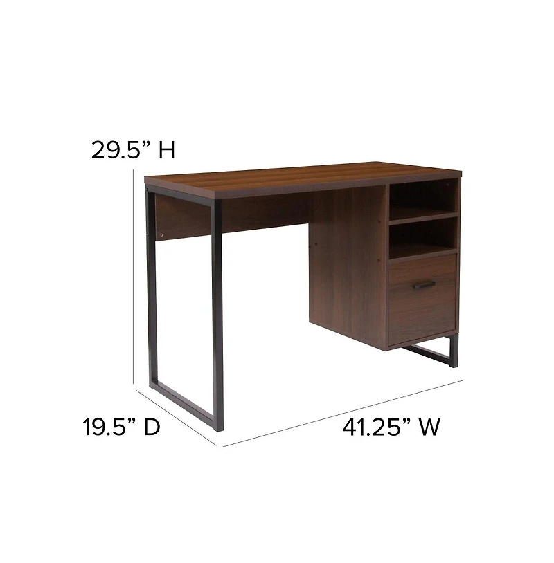 Merrick Lane Brighton Rustic Computer Desk With Shelving And Storage Drawer Metal Frame Pedestal Base Home Office Desk