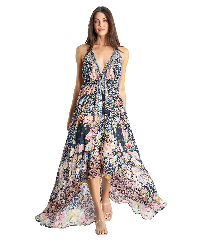 La Moda Clothing Women's Maxi Tropical Print Halterneck Dress