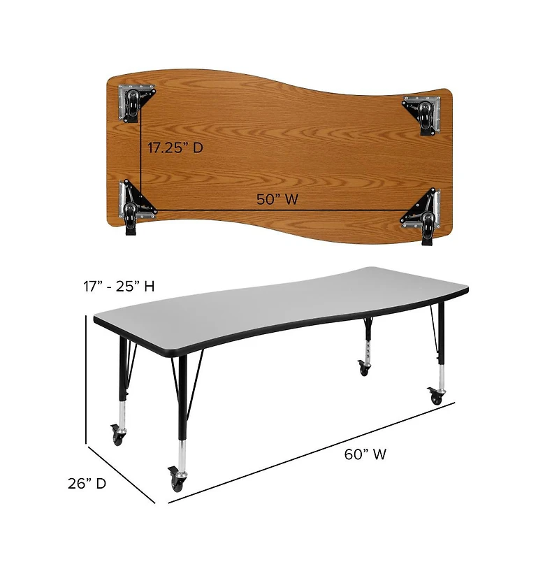 Emma+Oliver Mobile 26"W X 60"L Wave Flexible Collaborative Kids Adjustable Activity Table