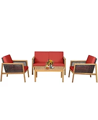 Gymax 4PCS Patio Acacia Wood Furniture Set Pe Rattan Conversation Set w/ Red Cushions