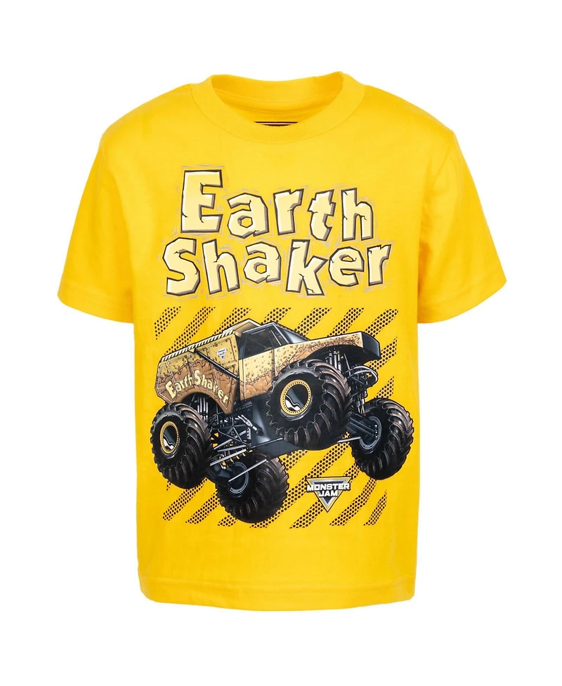 Monster Jam Boys Earth Shaker Zombie Grave Digger 4 Pack Graphic T-Shirts Red/Black/Yellow/Gray