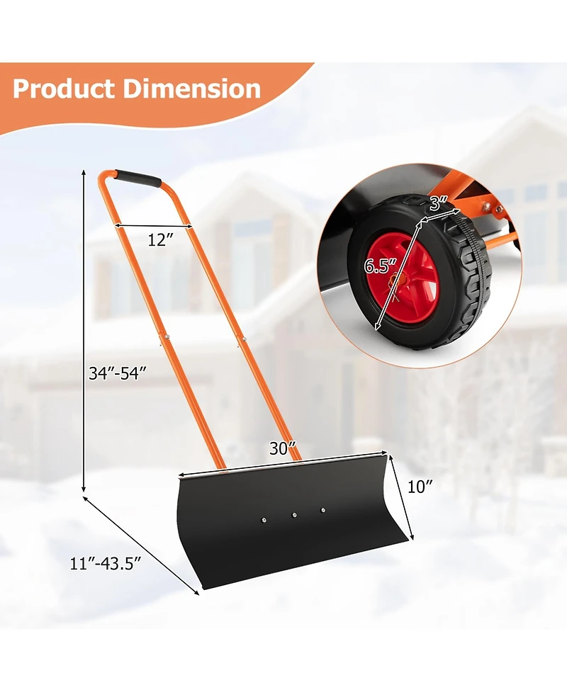 30" Snow Shovel Heavy-Duty Metal Adjustable Height Wheeled Snow Removal Pusher