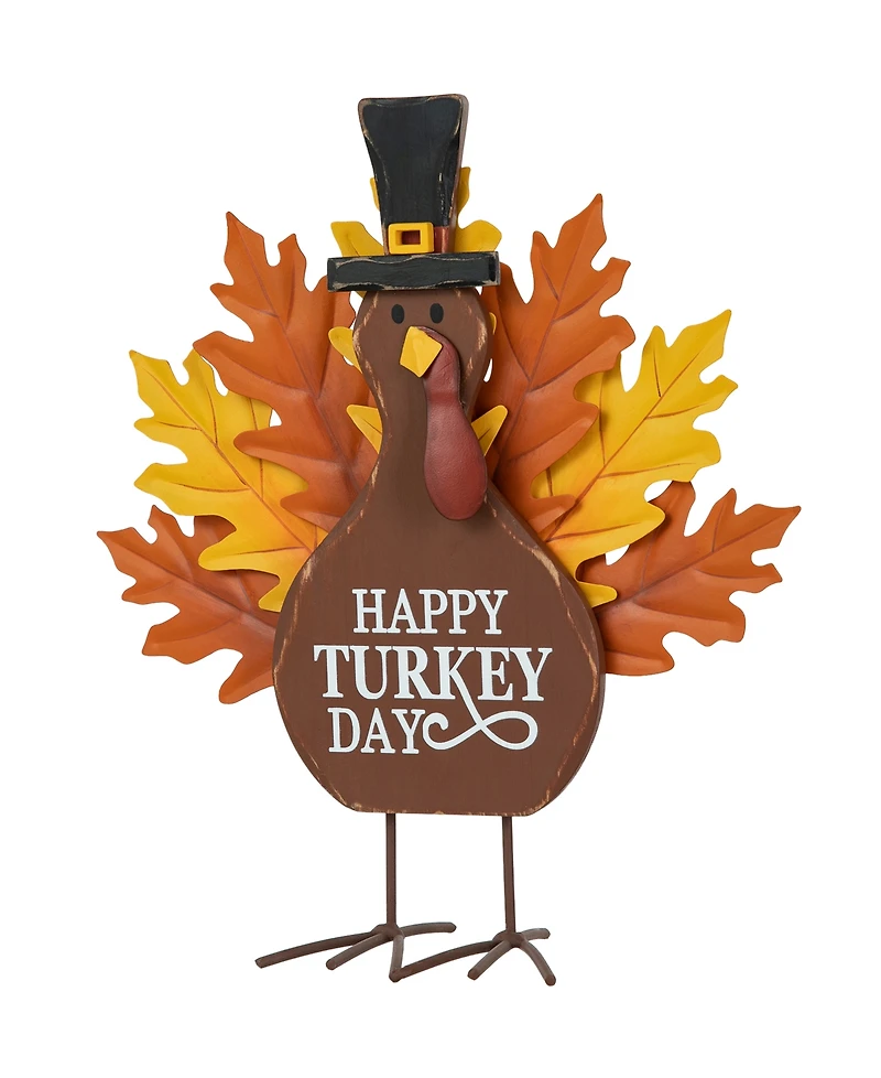 Glitzhome 12.25"H Thanksgiving Wooden Metal Turkey Table Decor