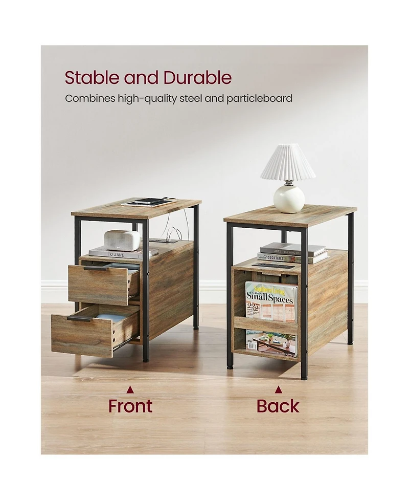 Narrow Nightstand Side Table With Usb Ports, Charging Station And Drawers