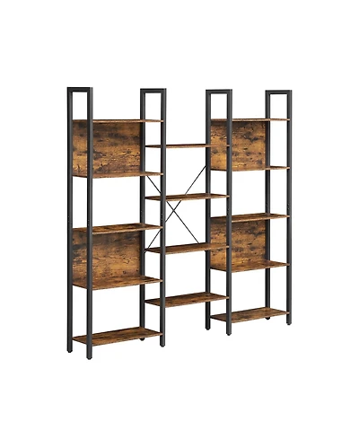 Triple Wide 5 Tier Bookshelf, Bookcase With 14 Storage Shelves, Metal Frame, Living Room