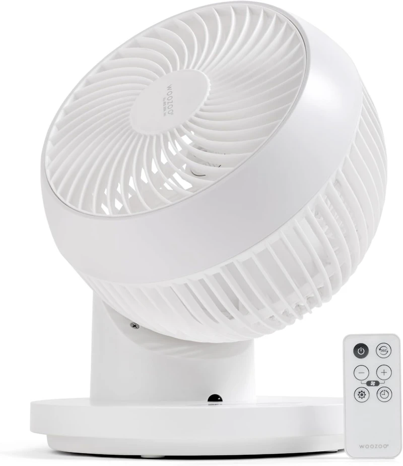 Iris Usa Woozoo Fan with Remote, 360° Oscillating Fan, Desk Fan, Table Air Circulator, 3 Speeds, 52 ft Air Distance, Low Noise Motor, 13 Inches, White