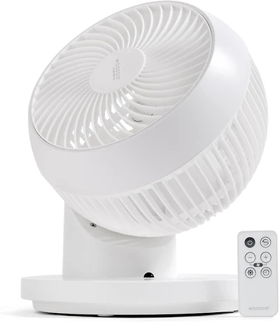 Iris Usa Woozoo Fan with Remote, 360° Oscillating Fan, Desk Fan, Table Air Circulator, 3 Speeds, 52 ft Air Distance, Low Noise Motor, 13 Inches, White