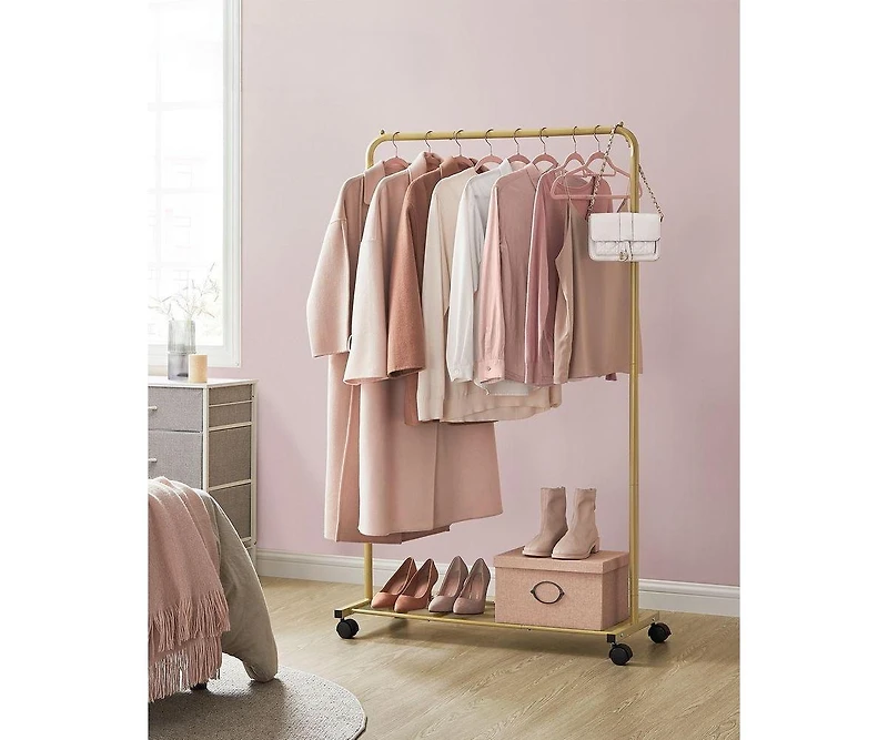 Slickblue Clothes Rack with Wheels, Garment Rack, Dense Mesh Shelf, 2 Brakes, Sturdy Steel Frame