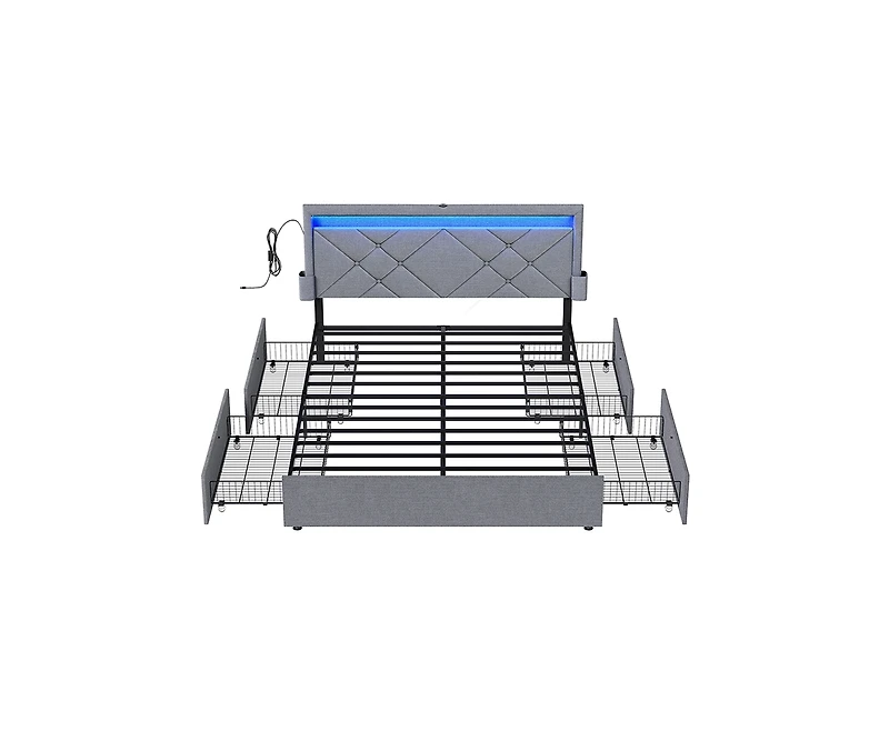 Led Bed Frame With Headboard And 4 Drawers, 1 Usb Port And 1 Type C Port