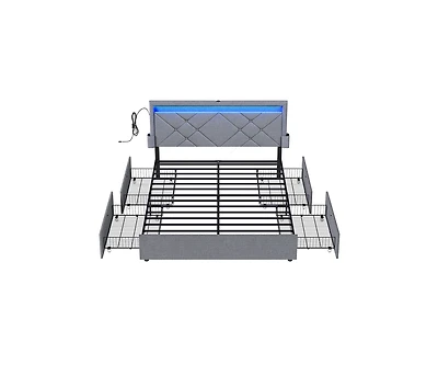 Led Bed Frame With Headboard And 4 Drawers, 1 Usb Port And 1 Type C Port