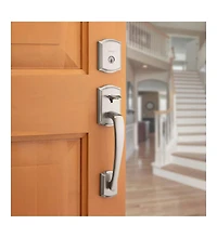 Kwikset Prescott Deadbolt Handleset with Tustin Lever in Satin Nickel