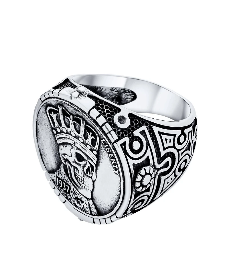 Bling Jewelry Statement Eagle Head Liberty 1937 Coin Novelty as Biker Gothic Crown Skull Ring Oxidized Sterling Silver