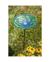 Evergreen Peacock Glass Bird Bath with Metal Stake
