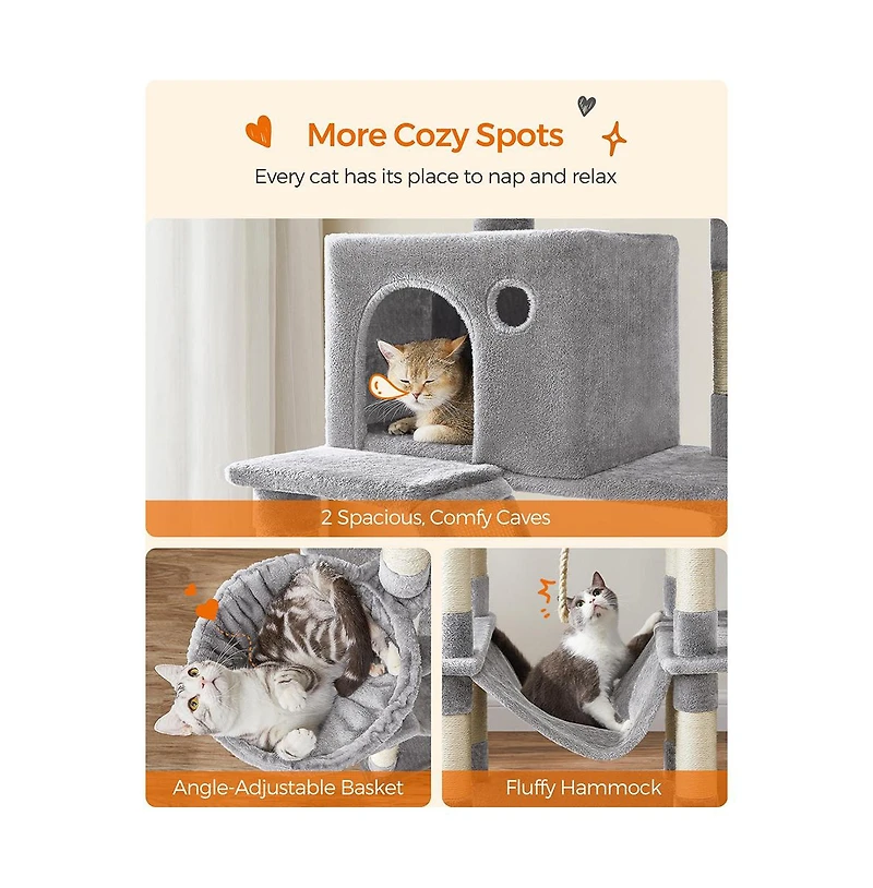 Slickblue Cat Tree, Cat Tower, Tall Cat Condo with Hammock, Basket, Scratching Posts, 2 Cat Caves, 2 Plush Perches, Cat Activity Center