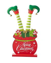 Glitzhome 24.5"H Christmas Wooden/Metal Elf Legs in Gift Box Porch Decor