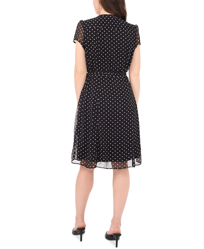 Msk Petite Dot-Print Split-Neck Short-Sleeve Dress